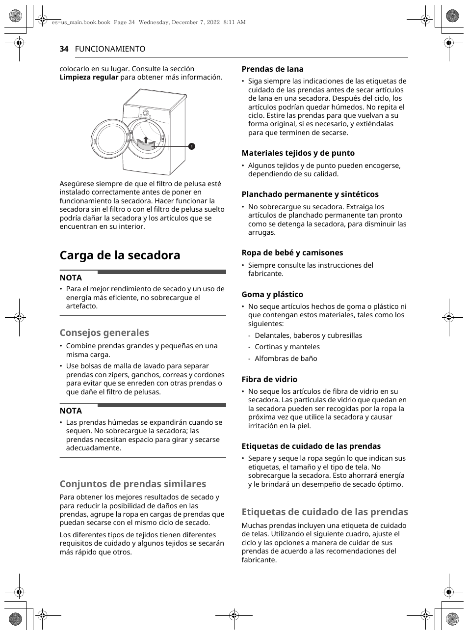 Carga de la secadora, Consejos generales, Conjuntos de prendas similares | Etiquetas de cuidado de las prendas | LG 27 Inch Electric Smart Dryer Owners Guide User Manual | Page 96 / 132