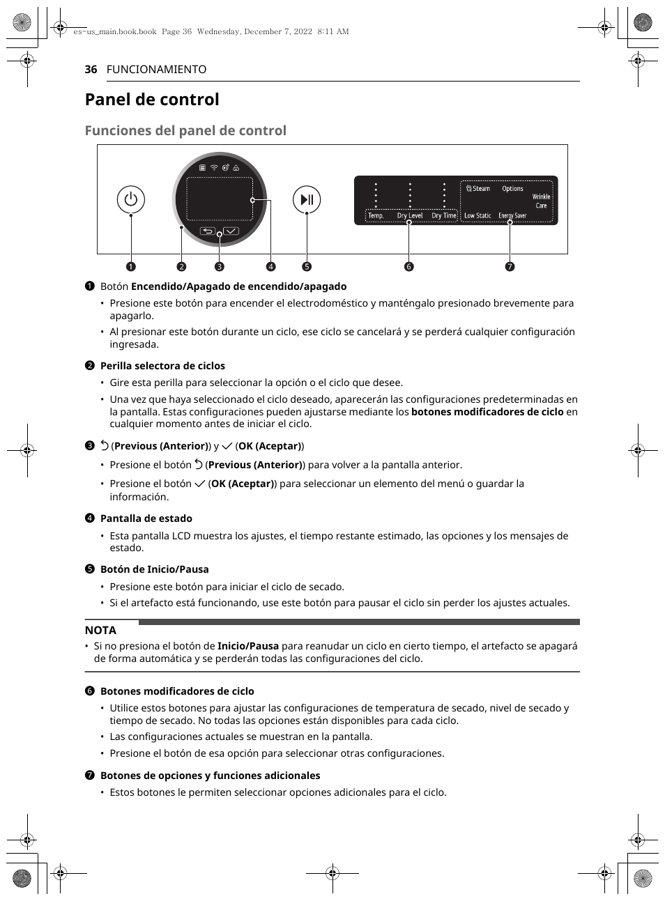 Panel de control, Funciones del panel de control | LG 27 Inch Electric Smart Dryer Owners Guide User Manual | Page 98 / 132