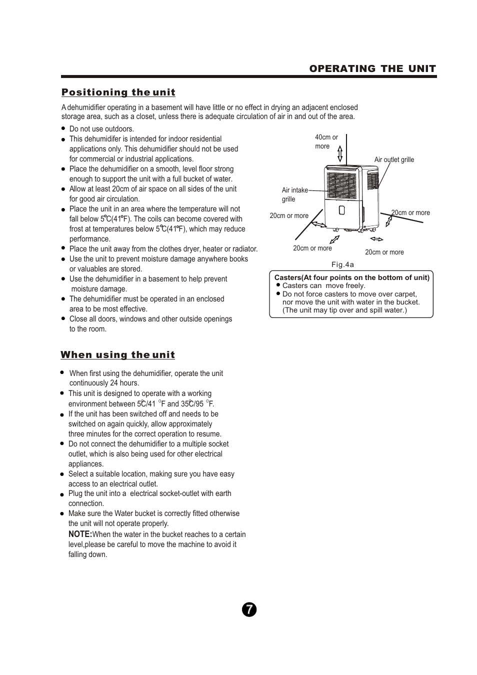 Operating the unit when using the unit, Positioning the unit | Keystone Dehumidifier  Owner's Manual User Manual | Page 12 / 30