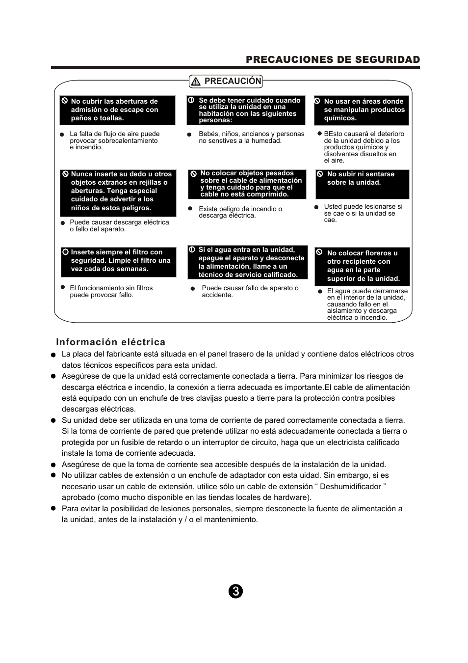 Precauciones de seguridad, Información eléctrica | Keystone Dehumidifier  Owner's Manual User Manual | Page 21 / 30