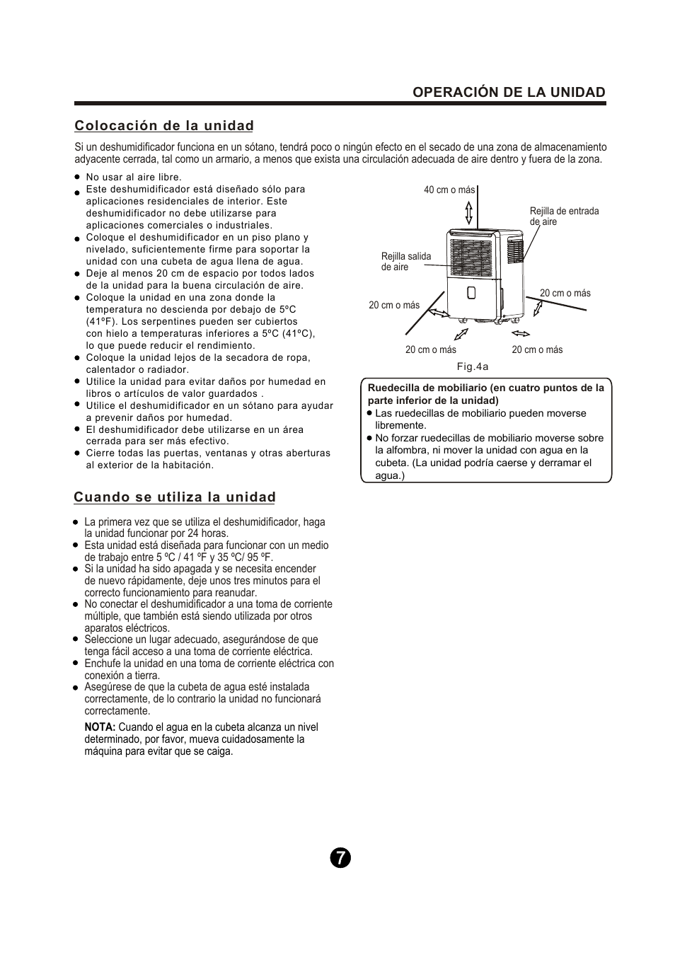 Operación de la unidad cuando se utiliza la unidad, Colocación de la unidad | Keystone Dehumidifier  Owner's Manual User Manual | Page 25 / 30