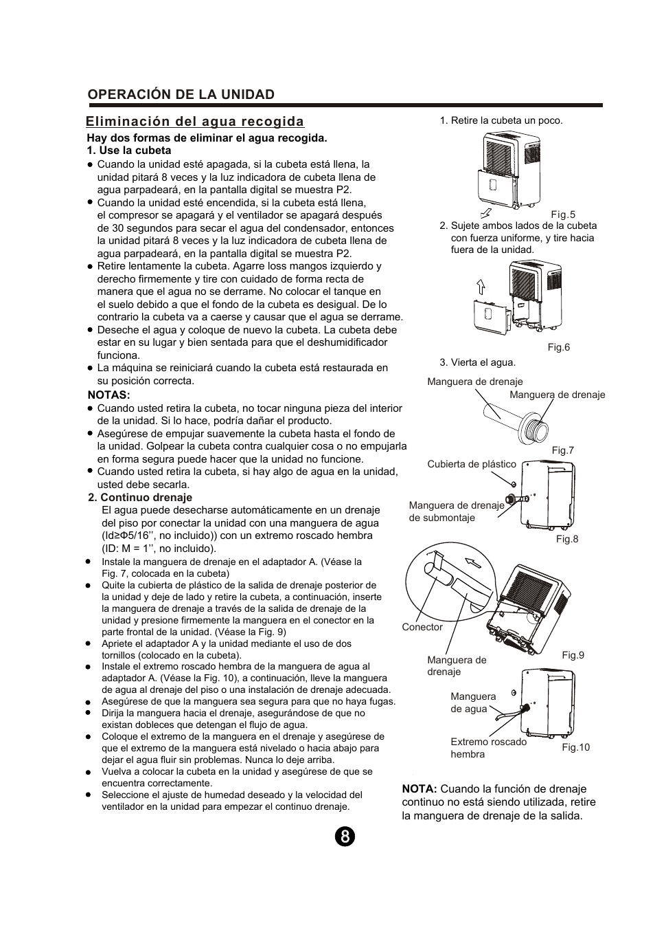 Eliminación del agua recogida, Operación de la unidad | Keystone Dehumidifier  Owner's Manual User Manual | Page 26 / 30