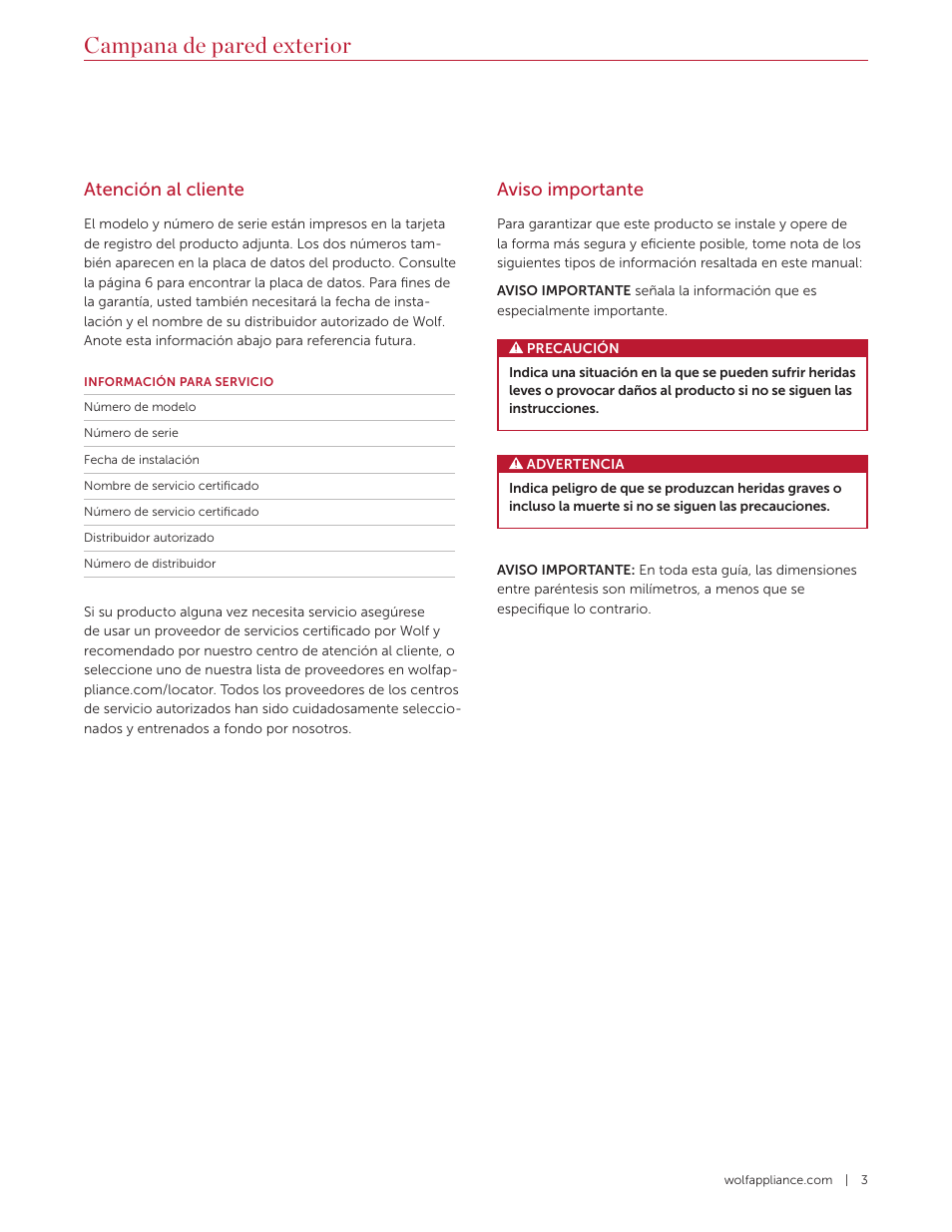 Campana de pared exterior, Atención al cliente, Aviso importante | Wolf 60 Inch Outdoor Pro Wall Hood  Use & Care Guide User Manual | Page 13 / 32