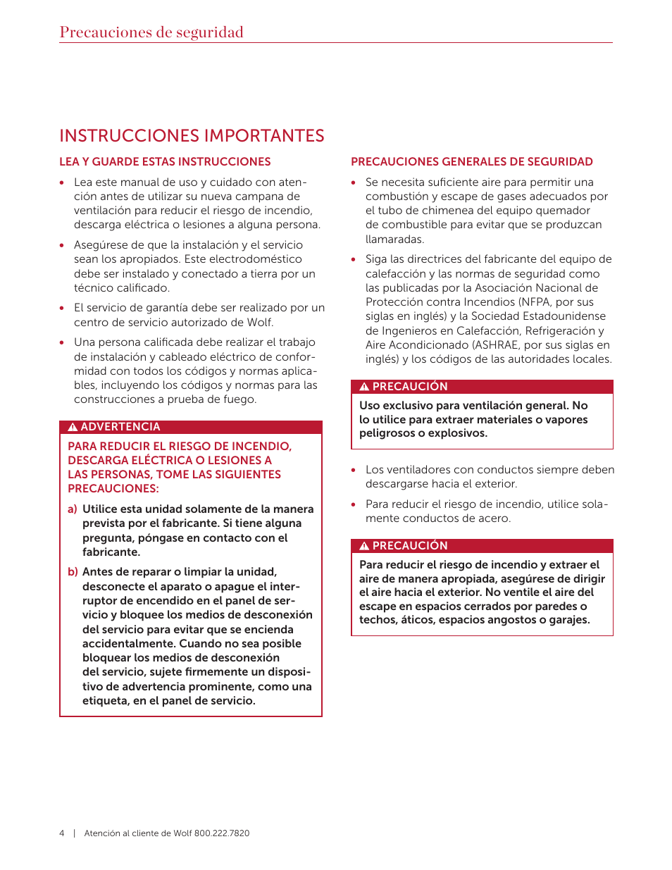 Instrucciones importantes, Precauciones de seguridad | Wolf 60 Inch Outdoor Pro Wall Hood  Use & Care Guide User Manual | Page 14 / 32