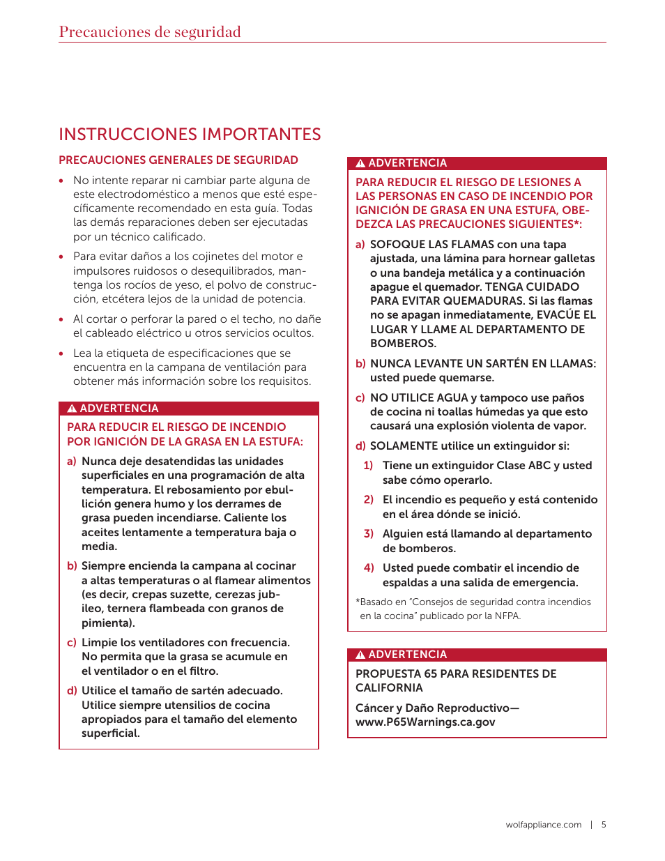 Instrucciones importantes, Precauciones de seguridad | Wolf 60 Inch Outdoor Pro Wall Hood  Use & Care Guide User Manual | Page 15 / 32