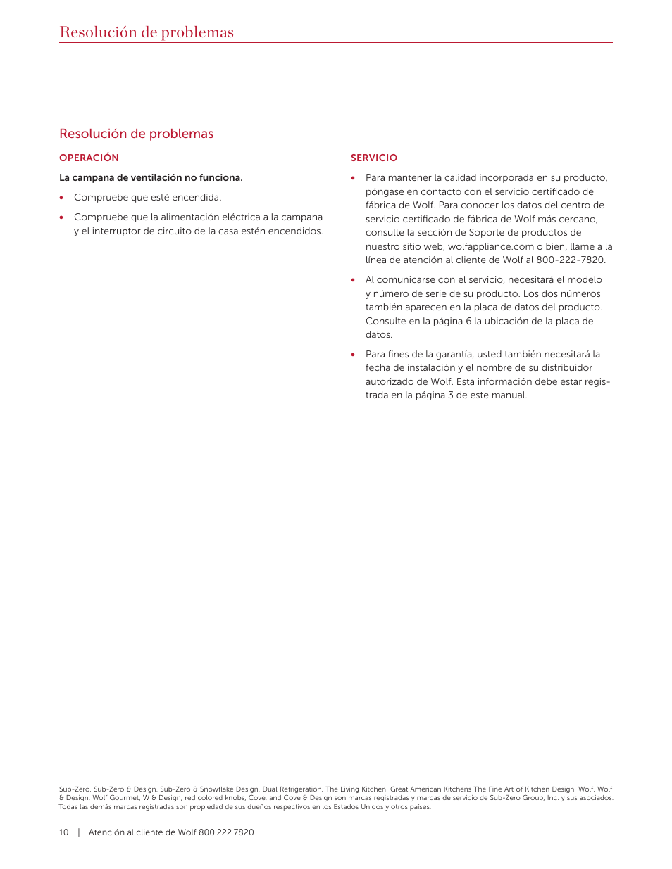 Resolución de problemas | Wolf 60 Inch Outdoor Pro Wall Hood  Use & Care Guide User Manual | Page 20 / 32