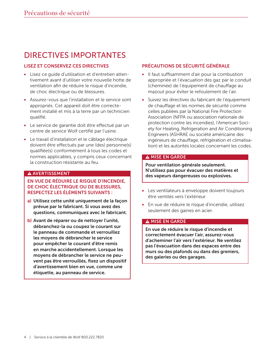Directives importantes, Précautions de sécurité | Wolf 60 Inch Outdoor Pro Wall Hood  Use & Care Guide User Manual | Page 24 / 32