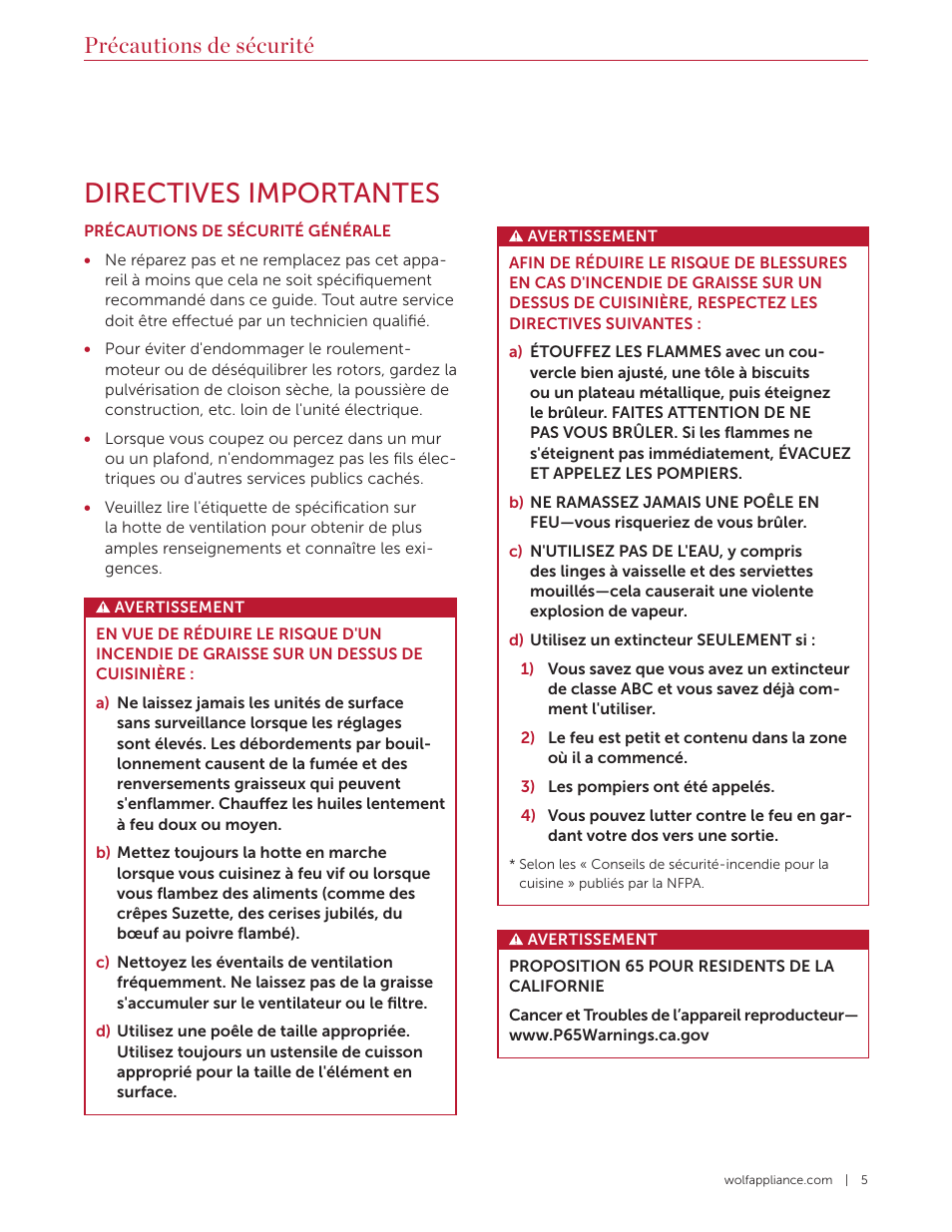 Directives importantes, Précautions de sécurité | Wolf 60 Inch Outdoor Pro Wall Hood  Use & Care Guide User Manual | Page 25 / 32