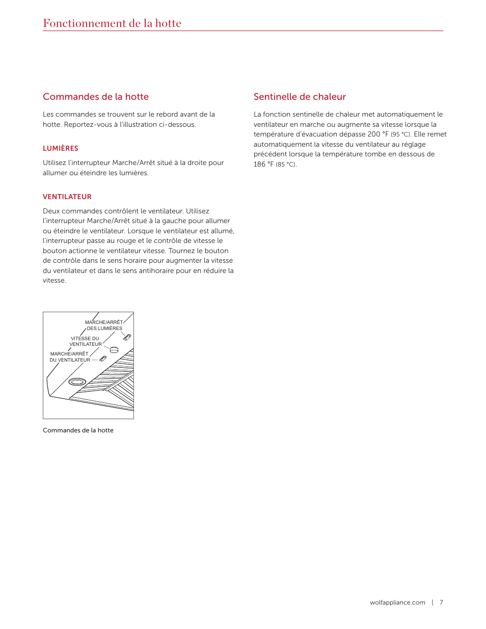 Fonctionnement de la hotte, Commandes de la hotte, Sentinelle de chaleur | Wolf 60 Inch Outdoor Pro Wall Hood  Use & Care Guide User Manual | Page 27 / 32