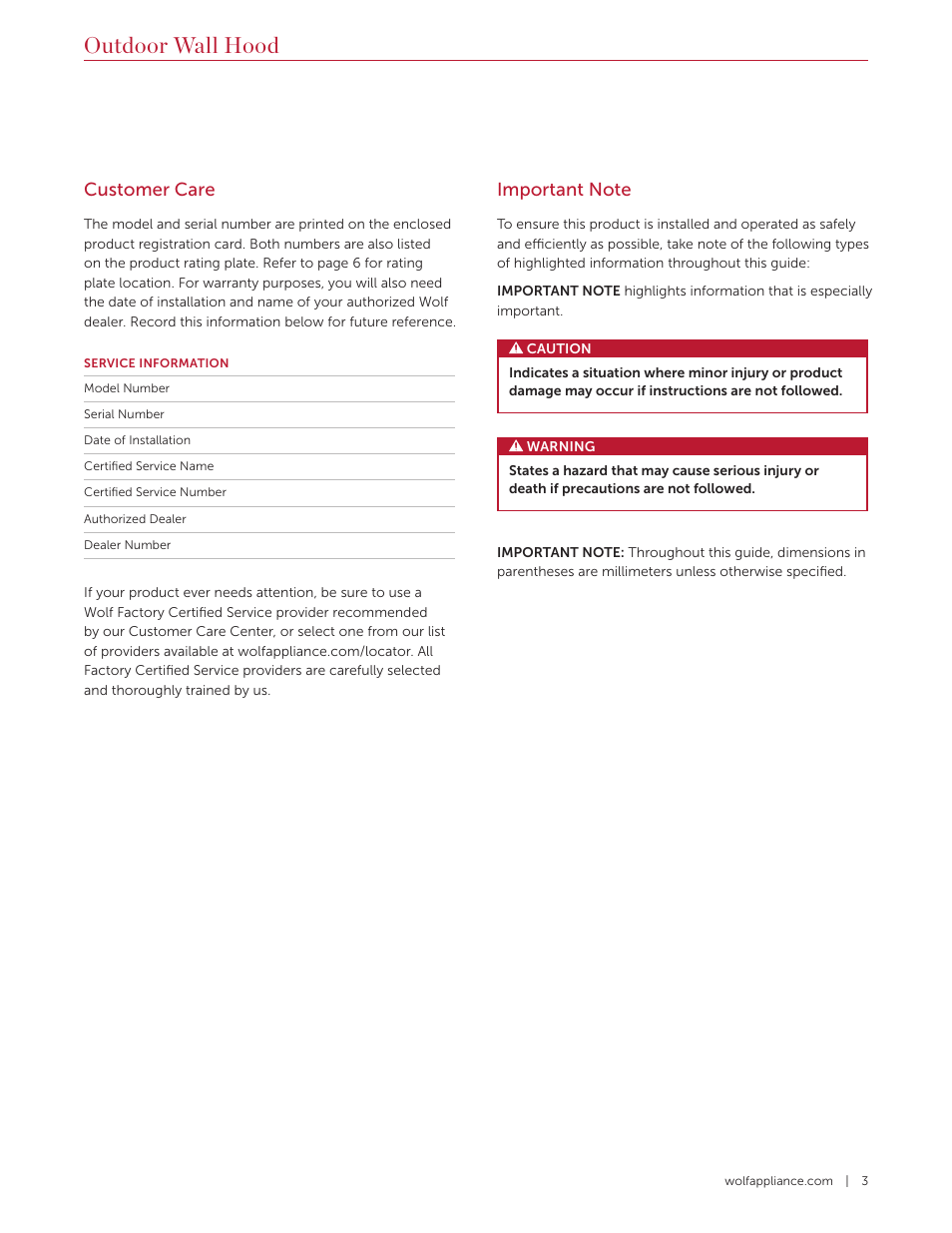 Outdoor wall hood, Customer care | Wolf 60 Inch Outdoor Pro Wall Hood  Use & Care Guide User Manual | Page 3 / 32