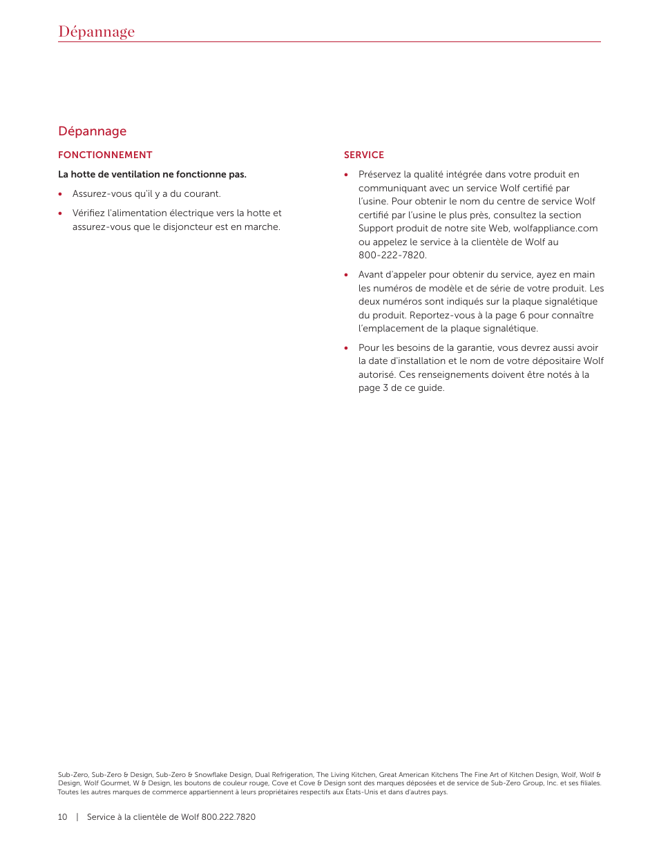 Dépannage | Wolf 60 Inch Outdoor Pro Wall Hood  Use & Care Guide User Manual | Page 30 / 32