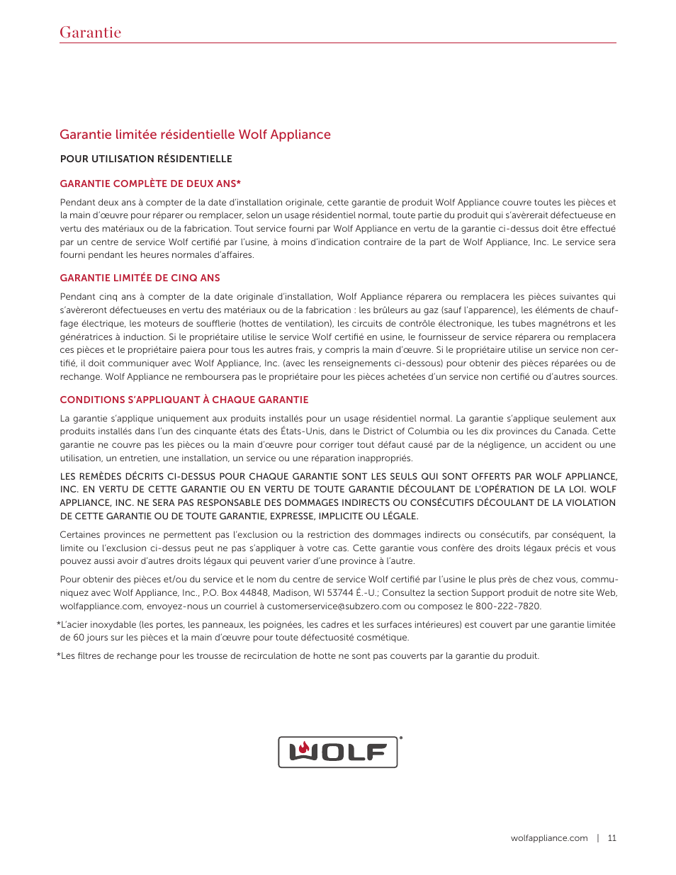 Garantie, Garantie limitée résidentielle wolf appliance | Wolf 60 Inch Outdoor Pro Wall Hood  Use & Care Guide User Manual | Page 31 / 32