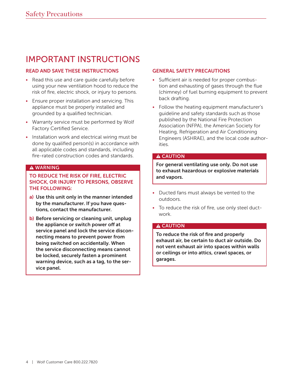 Important instructions, Safety precautions | Wolf 60 Inch Outdoor Pro Wall Hood  Use & Care Guide User Manual | Page 4 / 32