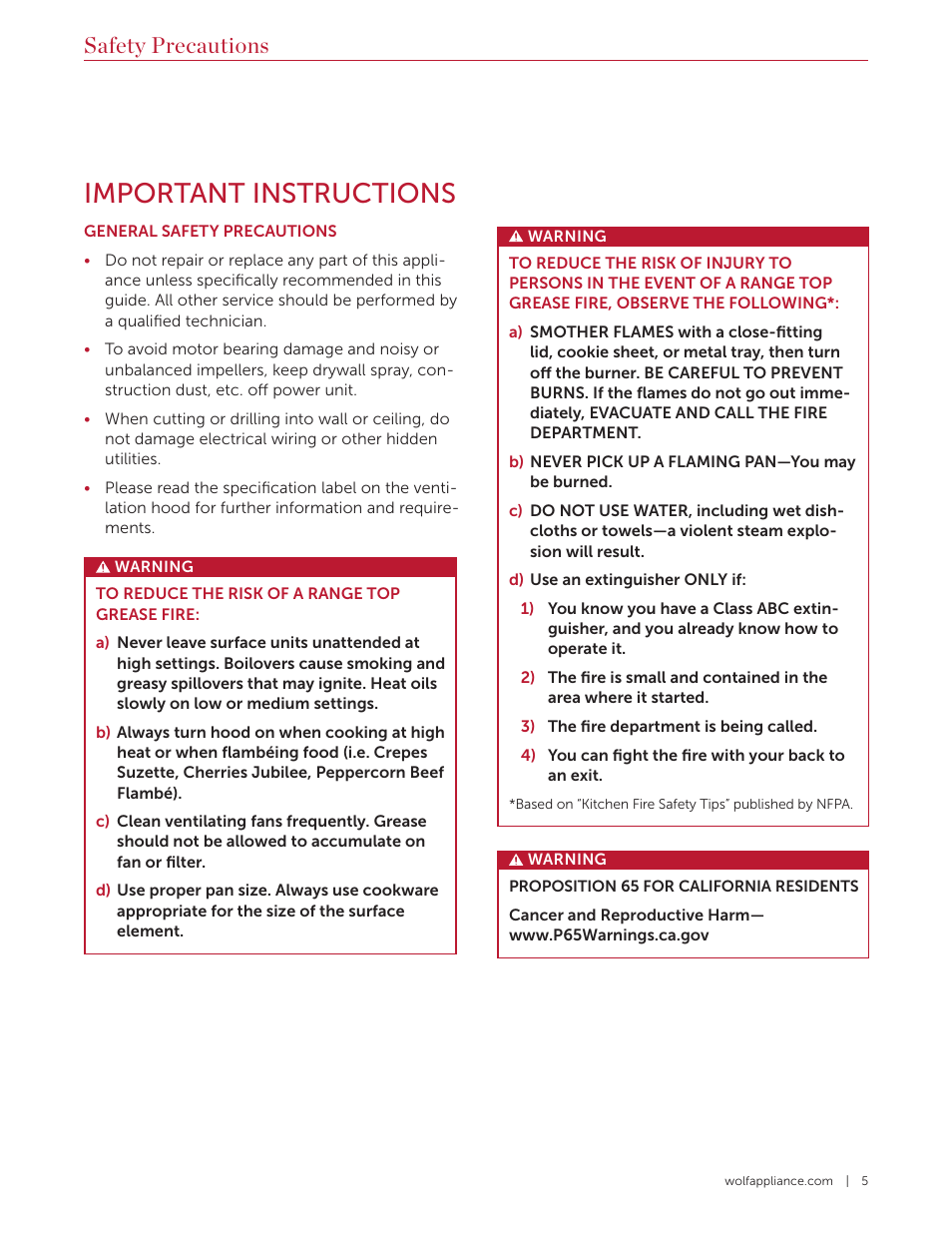 Important instructions, Safety precautions | Wolf 60 Inch Outdoor Pro Wall Hood  Use & Care Guide User Manual | Page 5 / 32