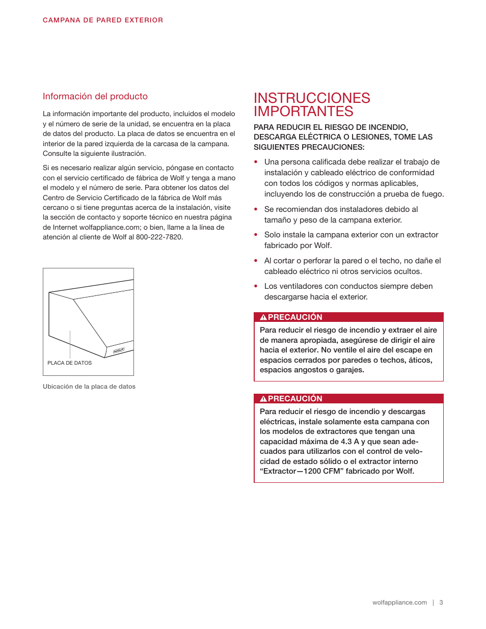 Instrucciones importantes | Wolf 60 Inch Outdoor Pro Wall Hood  Installation Guide User Manual | Page 13 / 32