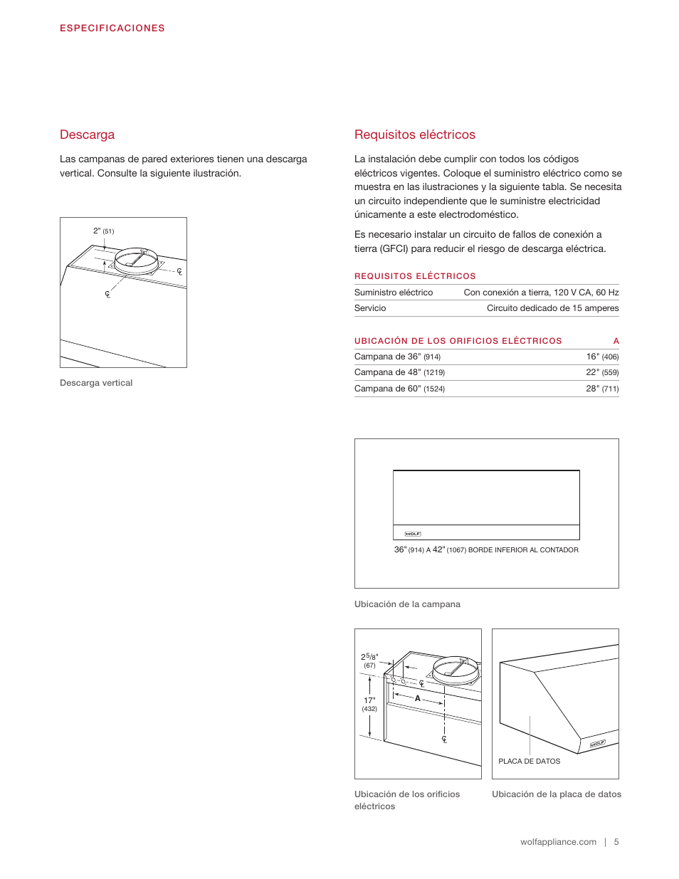Requisitos eléctricos, Descarga | Wolf 60 Inch Outdoor Pro Wall Hood  Installation Guide User Manual | Page 15 / 32