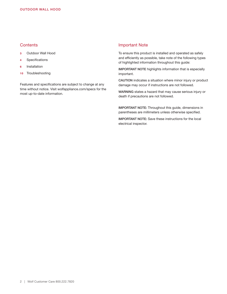 Wolf 60 Inch Outdoor Pro Wall Hood  Installation Guide User Manual | Page 2 / 32