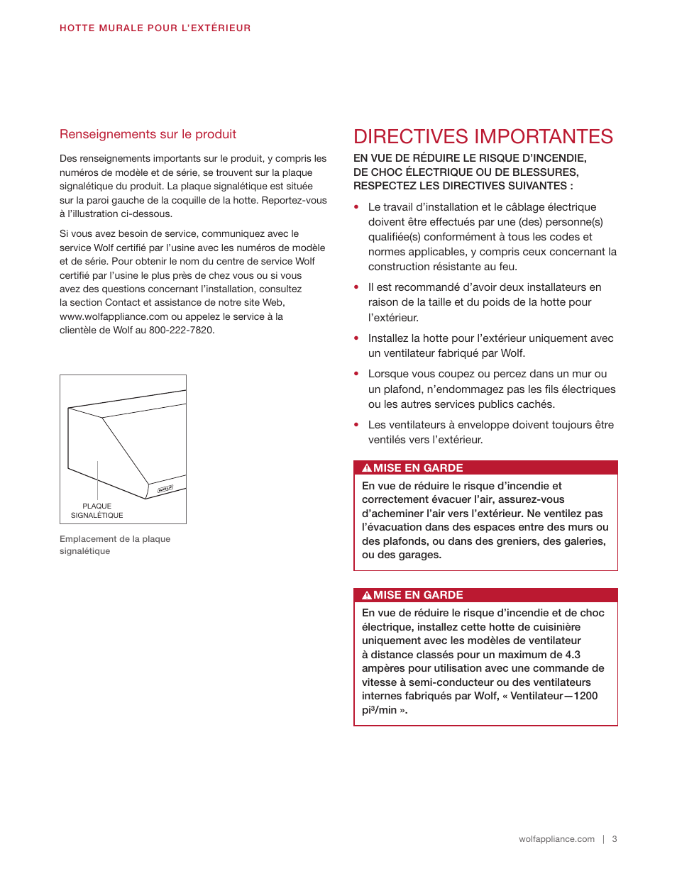 Directives importantes | Wolf 60 Inch Outdoor Pro Wall Hood  Installation Guide User Manual | Page 23 / 32