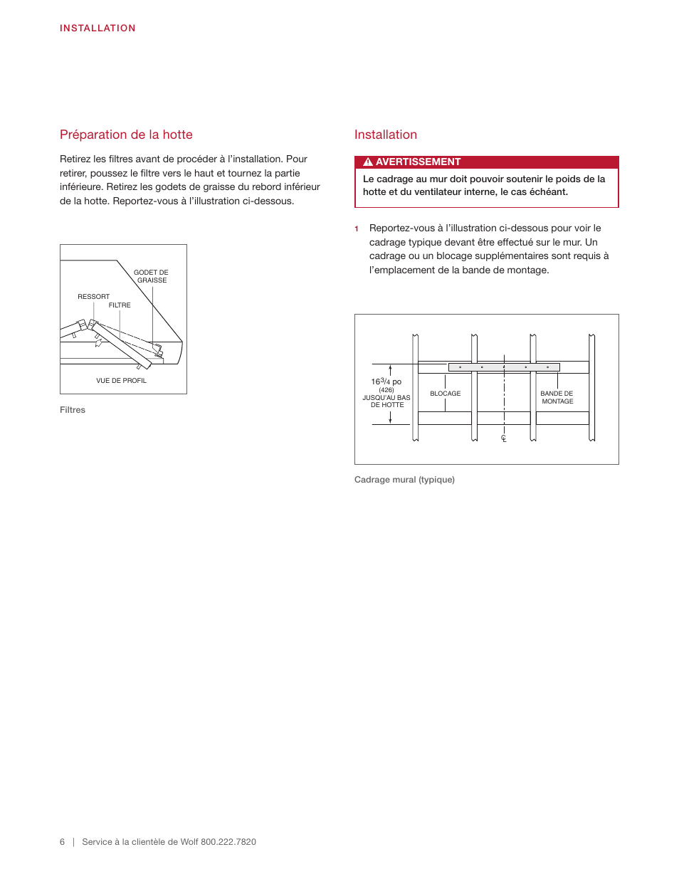 Préparation de la hotte, Installation | Wolf 60 Inch Outdoor Pro Wall Hood  Installation Guide User Manual | Page 26 / 32