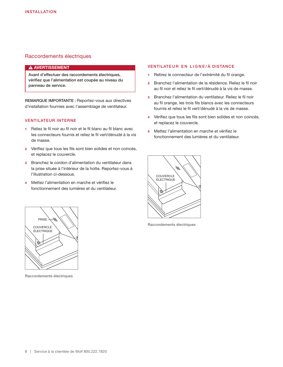 Raccordements électriques | Wolf 60 Inch Outdoor Pro Wall Hood  Installation Guide User Manual | Page 28 / 32