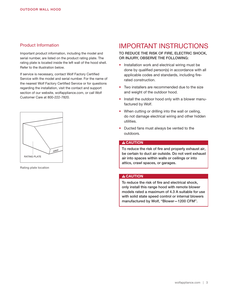 Important instructions | Wolf 60 Inch Outdoor Pro Wall Hood  Installation Guide User Manual | Page 3 / 32