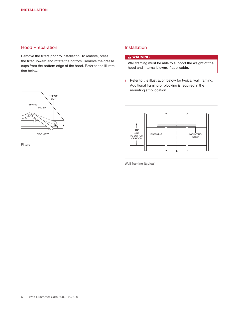 Hood preparation, Installation | Wolf 60 Inch Outdoor Pro Wall Hood  Installation Guide User Manual | Page 6 / 32