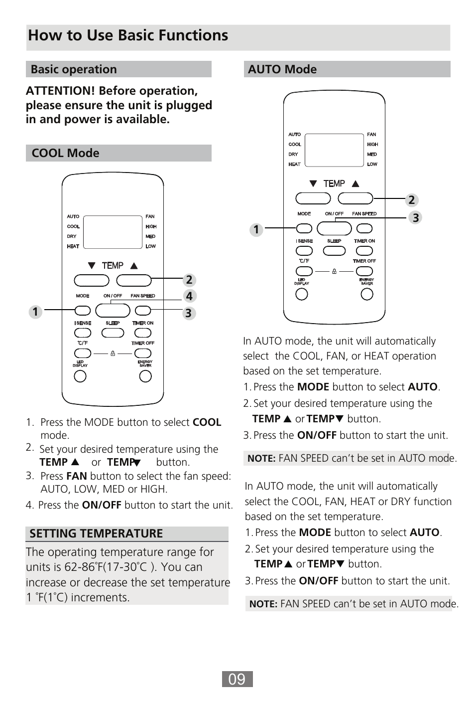 09 how to use basic functions | Keystone Slider/Casement Window Air Conditioner Owners Guide - Remote Controller User Manual | Page 10 / 28