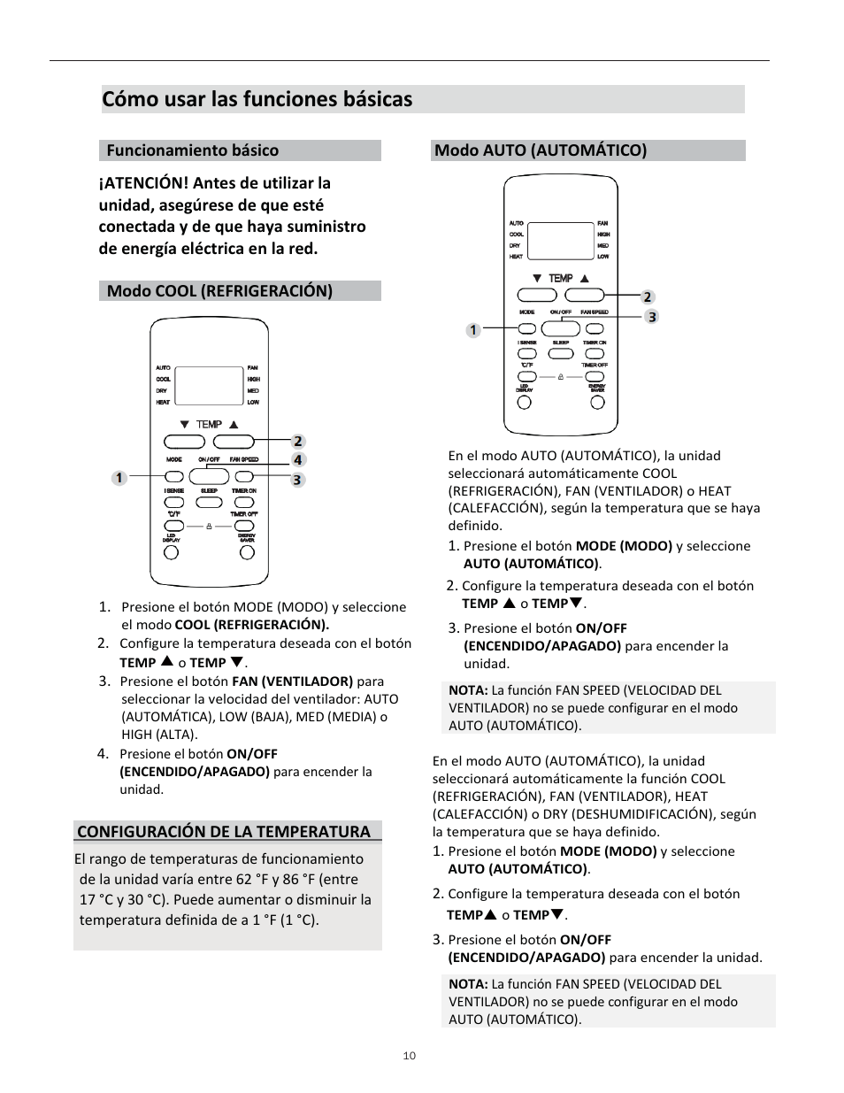 Cómo usar las funciones básicas, Modo cool (refrigeración), Configuración de la temperatura | Keystone Slider/Casement Window Air Conditioner Owners Guide - Remote Controller User Manual | Page 24 / 28
