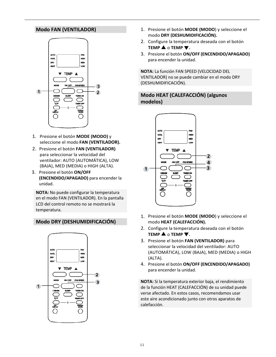 Modo fan (ventilador), Modo dry (deshumidificación), Modo heat (calefacción) (algunos modelos) | Keystone Slider/Casement Window Air Conditioner Owners Guide - Remote Controller User Manual | Page 25 / 28