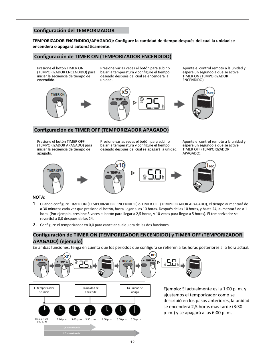 Configuración del temporizador, Configuración de timer on (temporizador encendido), Configuración de timer off (temporizador apagado) | Keystone Slider/Casement Window Air Conditioner Owners Guide - Remote Controller User Manual | Page 26 / 28