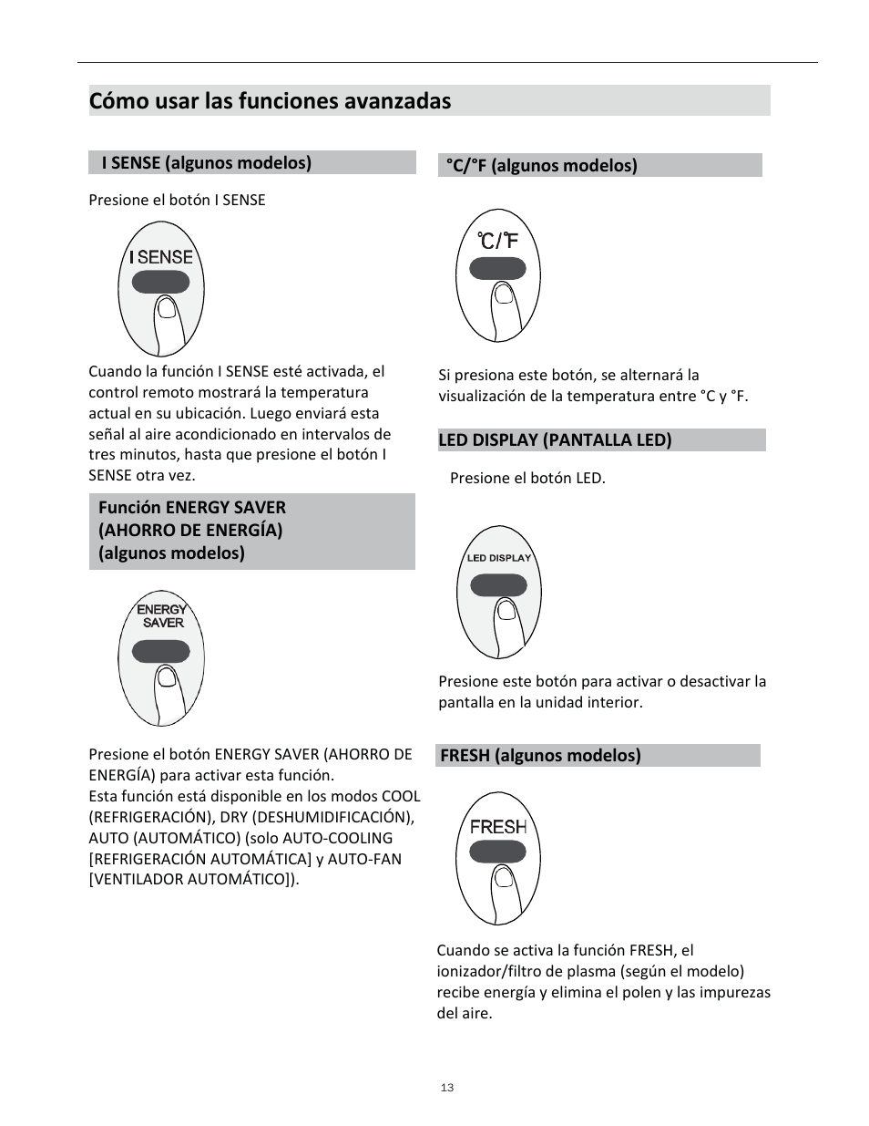 Cómo usar las funciones avanzadas, I sense (algunos modelos), C/°f (algunos modelos) | Led display (pantalla led), Fresh (algunos modelos) | Keystone Slider/Casement Window Air Conditioner Owners Guide - Remote Controller User Manual | Page 27 / 28