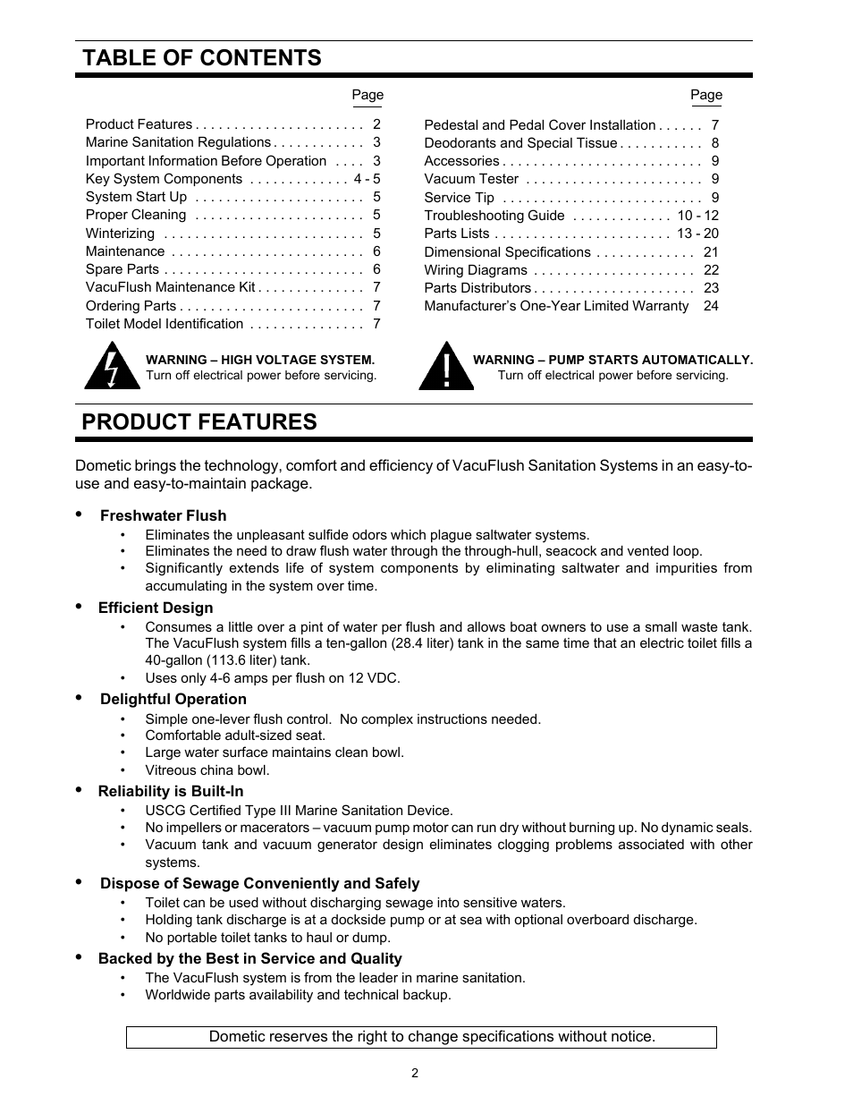 Product features table of contents | Dometic 500Plus Series User Manual | Page 2 / 24