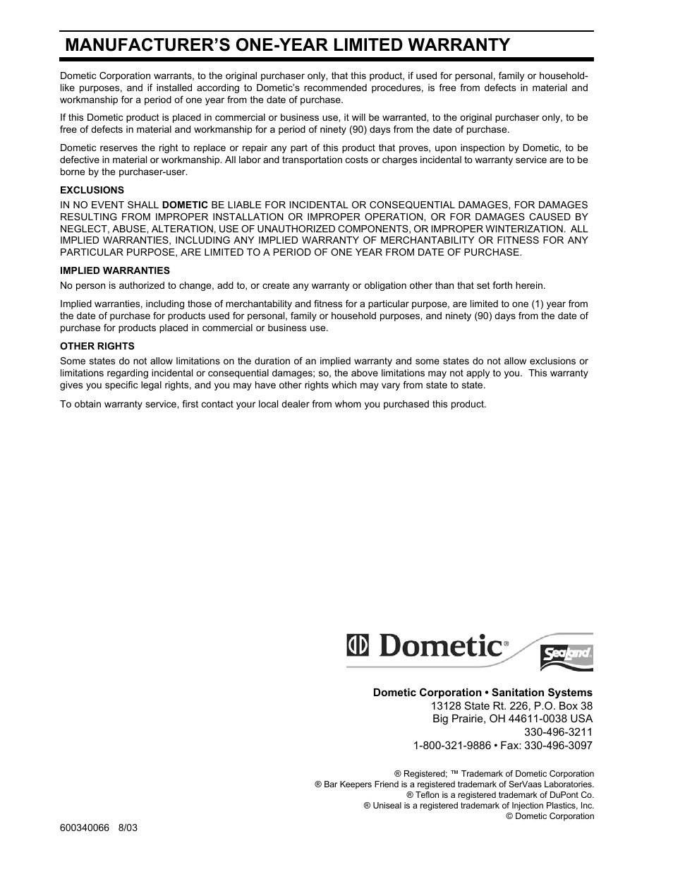 Manufacturer’s one-year limited warranty | Dometic 500Plus Series User Manual | Page 24 / 24