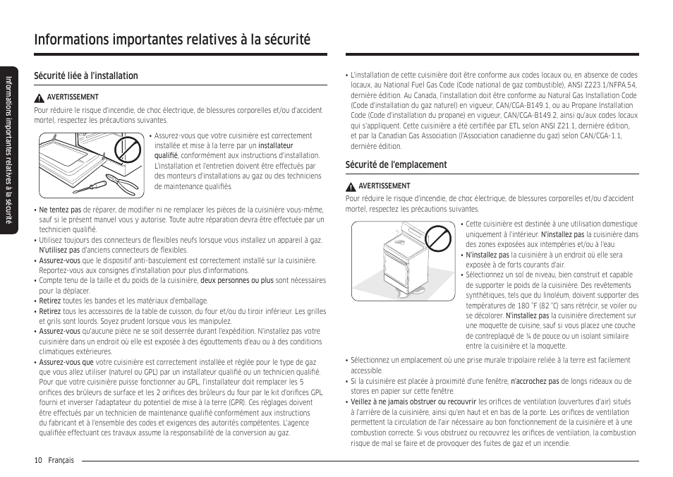 Informations importantes relatives à la sécurité | Samsung 30 Inch Freestanding Gas Smart Range Owners Guide User Manual | Page 120 / 164