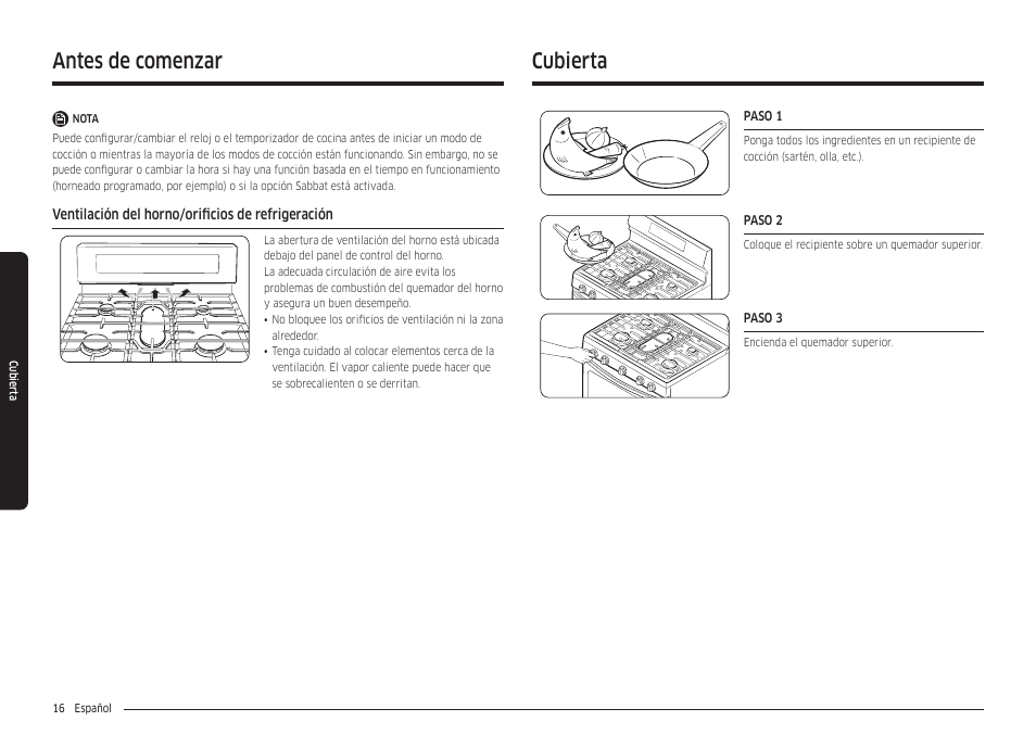 Ventilación del horno/orificios de refrigeración, Cubierta, Antes de comenzar | Samsung 30 Inch Freestanding Gas Smart Range Owners Guide User Manual | Page 72 / 164