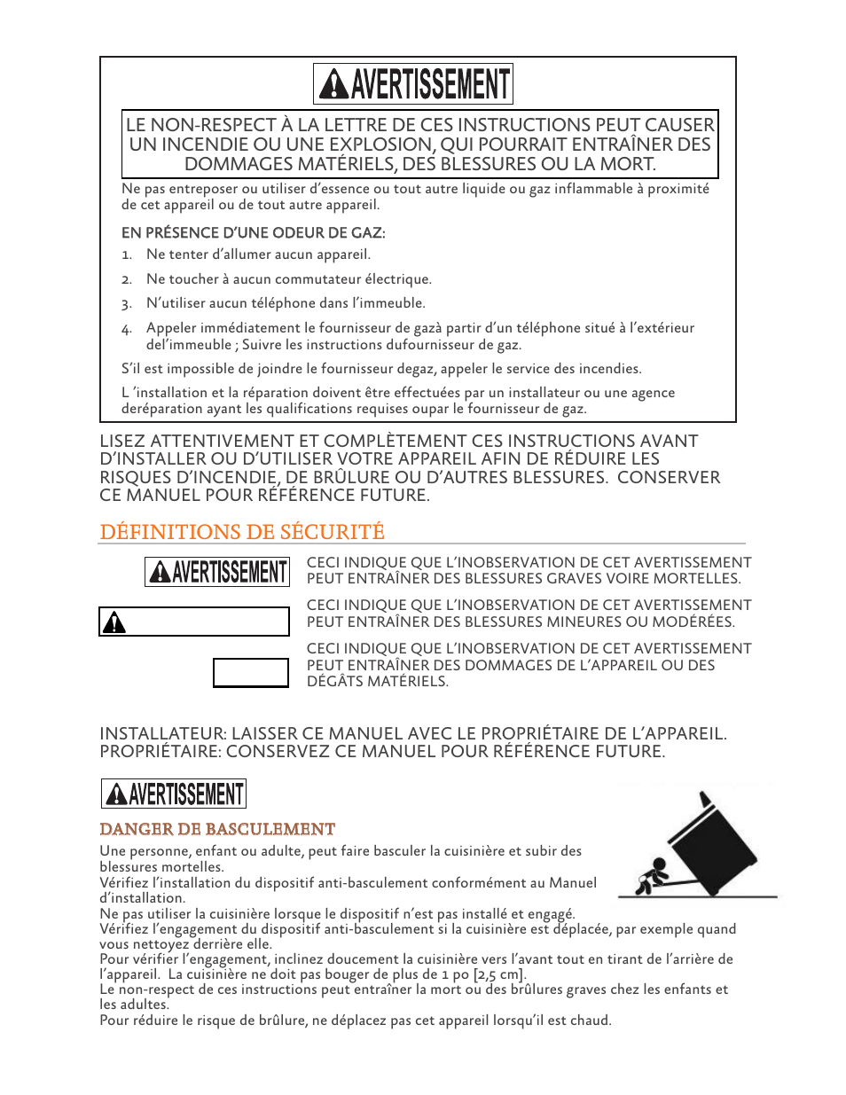 Avis, Précaution, Définitions de sécurité | Hestan 48 Inch Freestanding Dual Fuel Range Use and Care Manual User Manual | Page 56 / 112