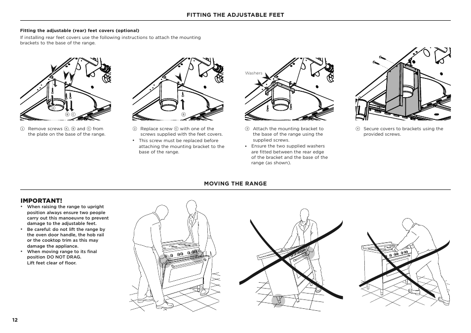 Important, Fitting the adjustable feet moving the range | Fisher & Paykel Series 7 Classic Series 36 Inch Freestanding Gas Range Installation Guide User Manual | Page 12 / 56