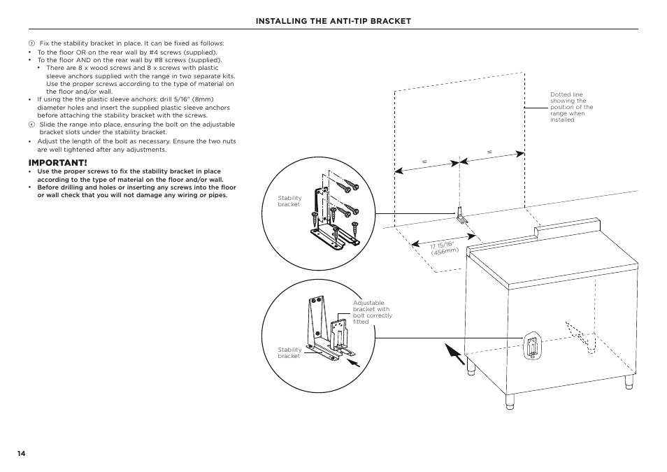 Important, Installing the anti-tip bracket | Fisher & Paykel Series 7 Classic Series 36 Inch Freestanding Gas Range Installation Guide User Manual | Page 14 / 56