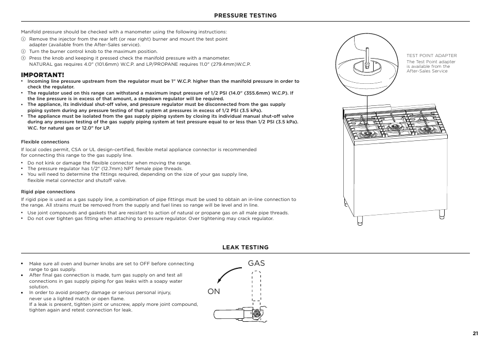 On gas, Important, Pressure testing | Leak testing | Fisher & Paykel Series 7 Classic Series 36 Inch Freestanding Gas Range Installation Guide User Manual | Page 21 / 56