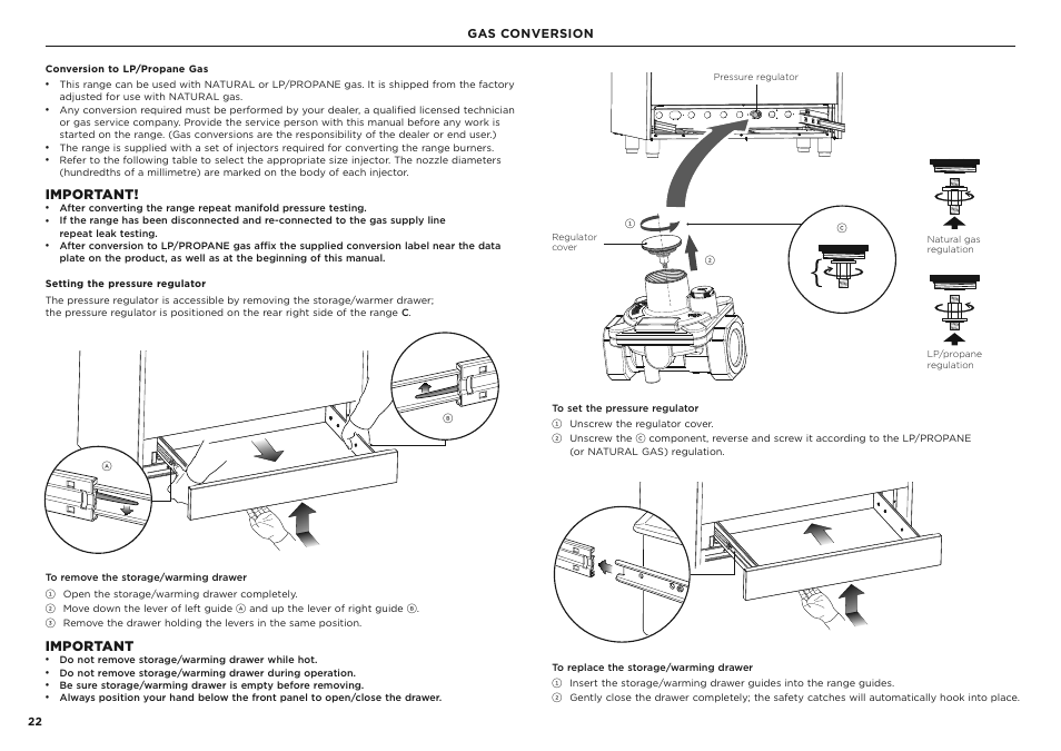 Important, Gas conversion | Fisher & Paykel Series 7 Classic Series 36 Inch Freestanding Gas Range Installation Guide User Manual | Page 22 / 56