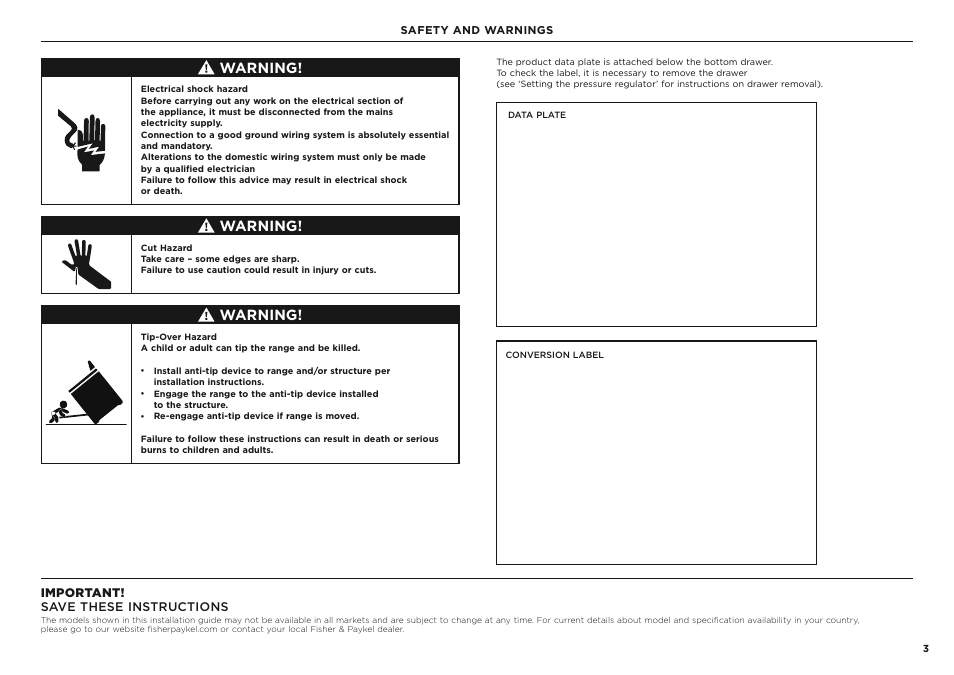 Warning, Important! save these instructions | Fisher & Paykel Series 7 Classic Series 36 Inch Freestanding Gas Range Installation Guide User Manual | Page 3 / 56