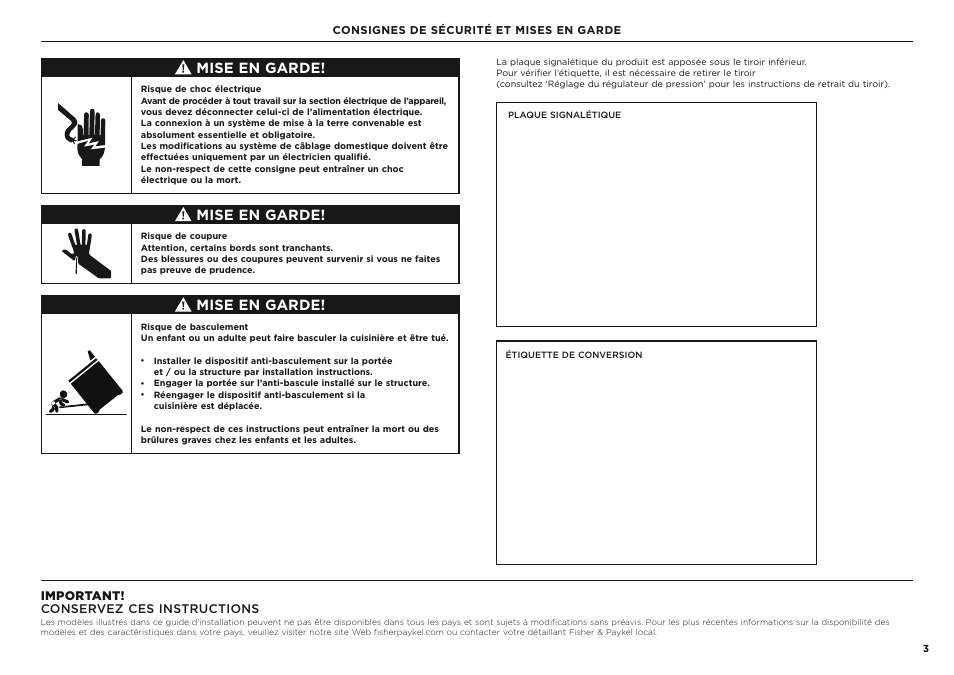 Mise en garde, Important! conservez ces instructions | Fisher & Paykel Series 7 Classic Series 36 Inch Freestanding Gas Range Installation Guide User Manual | Page 31 / 56