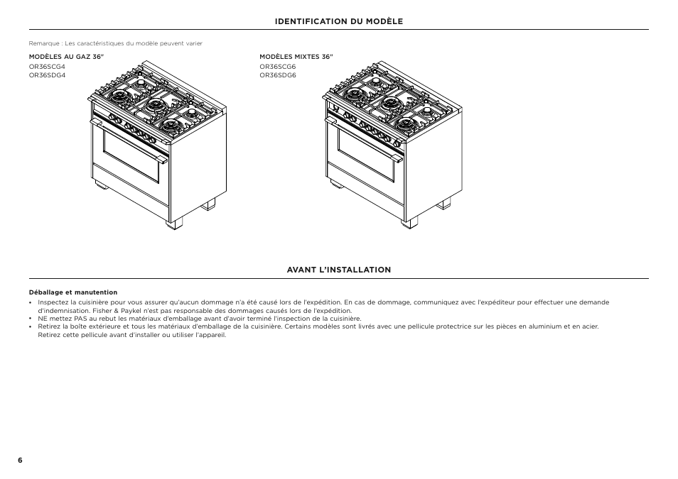 Identification du modèle, Avant l’installation | Fisher & Paykel Series 7 Classic Series 36 Inch Freestanding Gas Range Installation Guide User Manual | Page 34 / 56