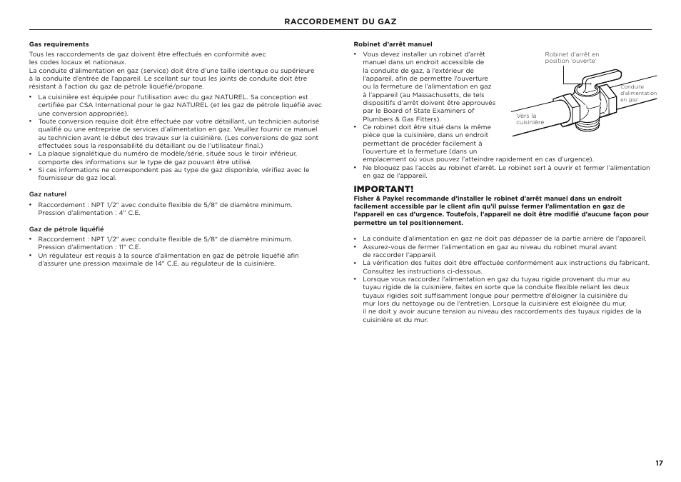 Important, Raccordement du gaz | Fisher & Paykel Series 7 Classic Series 36 Inch Freestanding Gas Range Installation Guide User Manual | Page 45 / 56