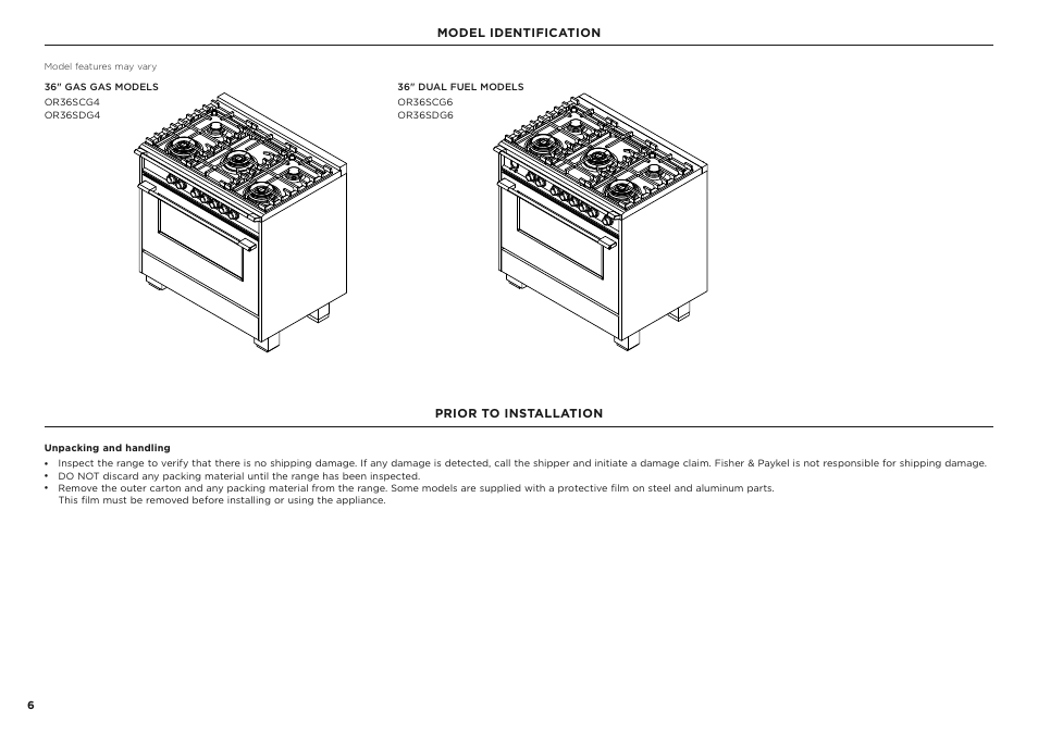 Model identification, Prior to installation | Fisher & Paykel Series 7 Classic Series 36 Inch Freestanding Gas Range Installation Guide User Manual | Page 6 / 56