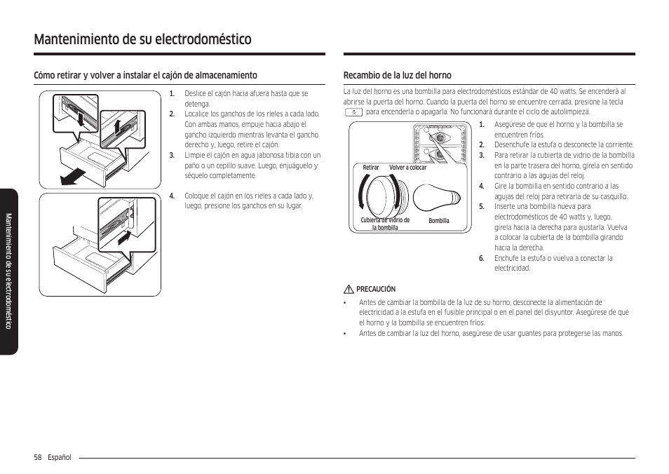 Recambio de la luz del horno, Mantenimiento de su electrodoméstico | Samsung 30 Inch Freestanding Electric Smart Range Owner Manual User Manual | Page 128 / 210