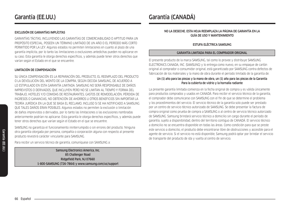 Garantía (canadá), Garantía (ee.uu.) garantía (canadá) | Samsung 30 Inch Freestanding Electric Smart Range Owner Manual User Manual | Page 136 / 210