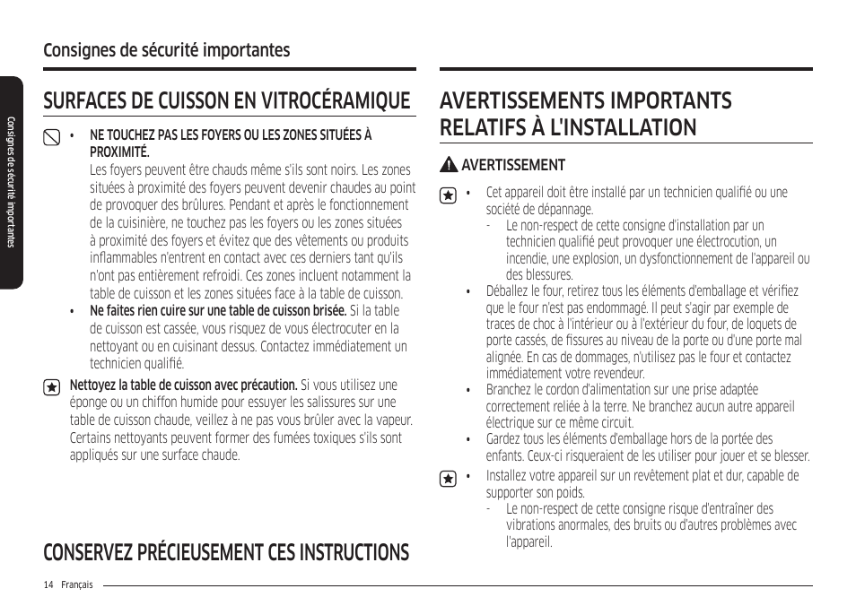 Consignes de sécurité importantes | Samsung 30 Inch Freestanding Electric Smart Range Owner Manual User Manual | Page 154 / 210