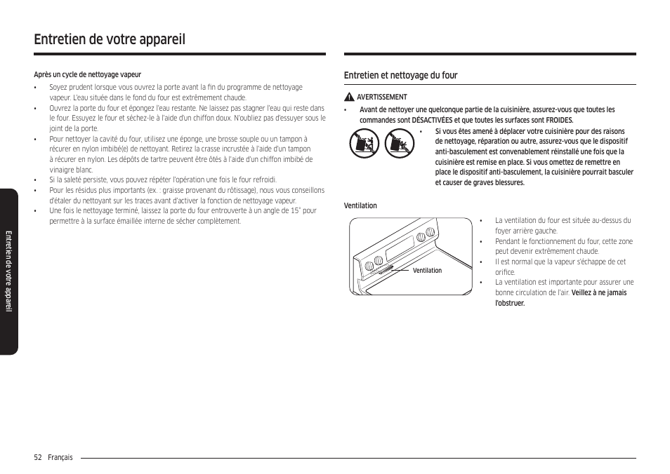 Entretien et nettoyage du four, Entretien de votre appareil | Samsung 30 Inch Freestanding Electric Smart Range Owner Manual User Manual | Page 192 / 210