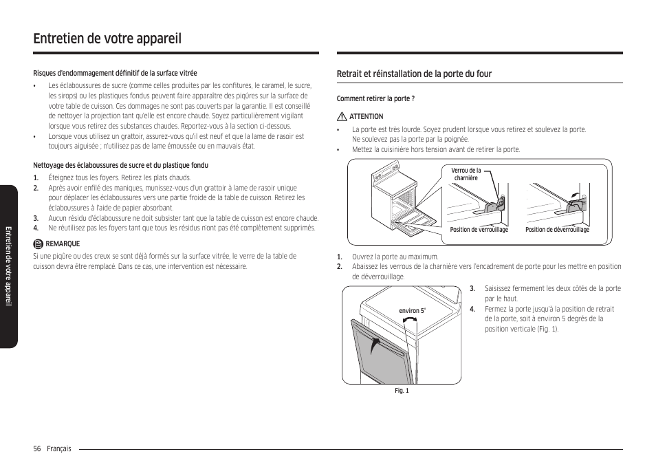 Retrait et réinstallation de la porte du four, Entretien de votre appareil | Samsung 30 Inch Freestanding Electric Smart Range Owner Manual User Manual | Page 196 / 210